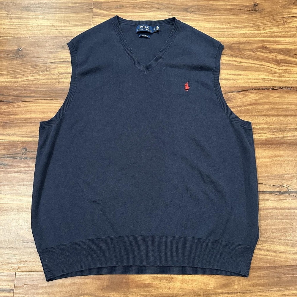 Polo Ralph Lauren Sweater Mens XL Navy Pima Cotton V Neck Vest Pony Logo